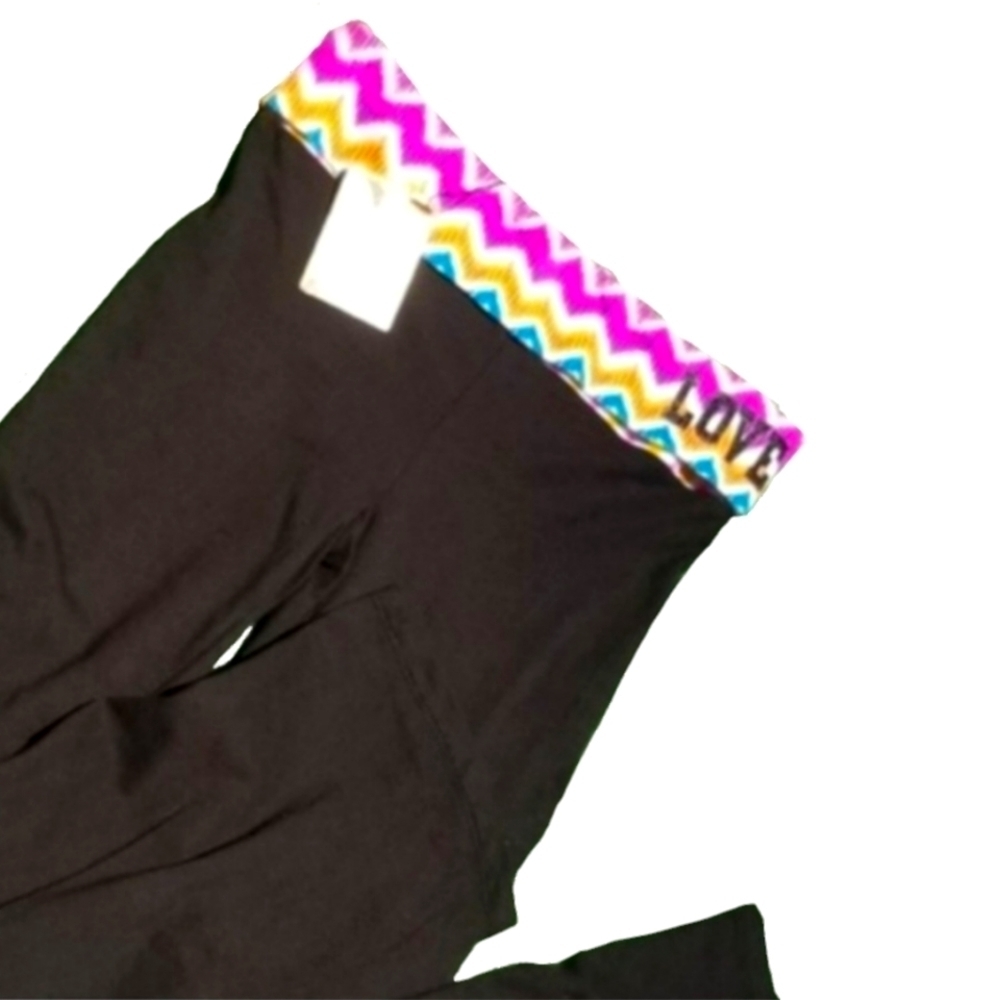 Vintage Y2K Spell Out Fold Over Yoga Pants "Love" By Hybrid NEW Black Multi, S